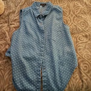 Polka dot light blue sleeveless denim top by